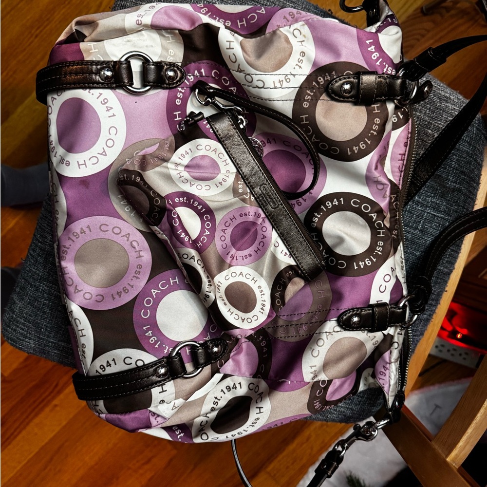 Coach Purple and Brown Circular Print Bag with matching wristlet